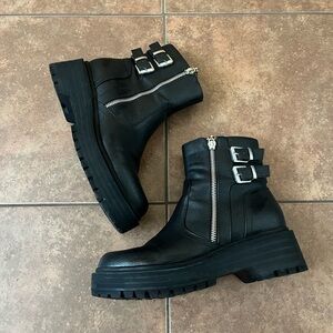 GG Welsy Black Lug-Sole Ankle Boots with Silver Buckles